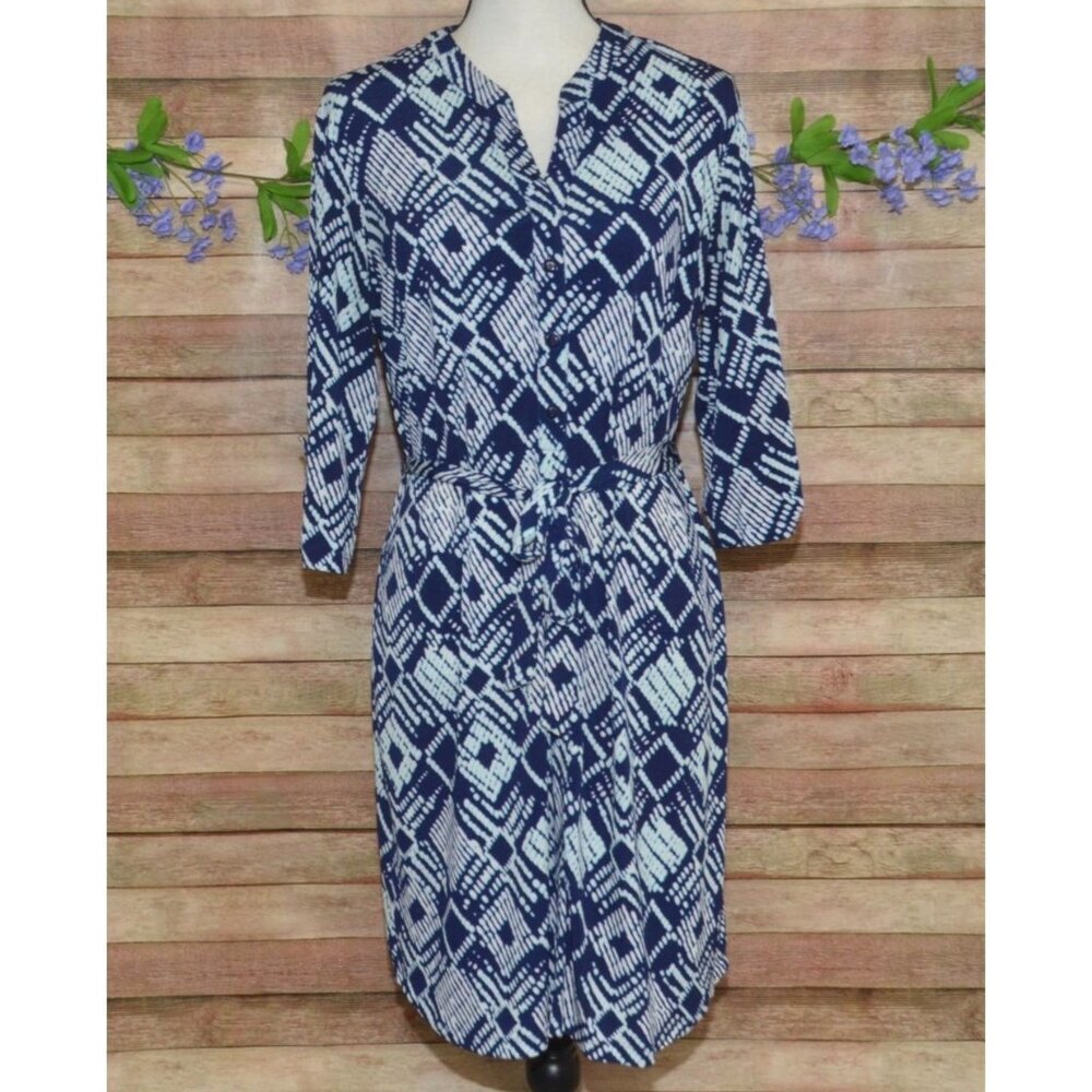 En Focus Studio Career Dress Blue & White Belted Knee Length FitnFlare Size 8